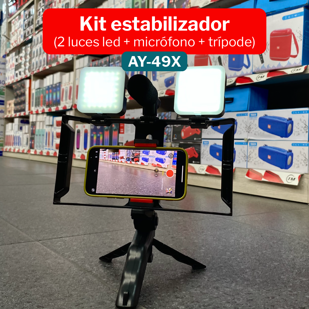 KIT STREAMING TRÍPODE ESTABILIZADOR + MICRÓFONO + LUZ LED + CONTROL AY-49